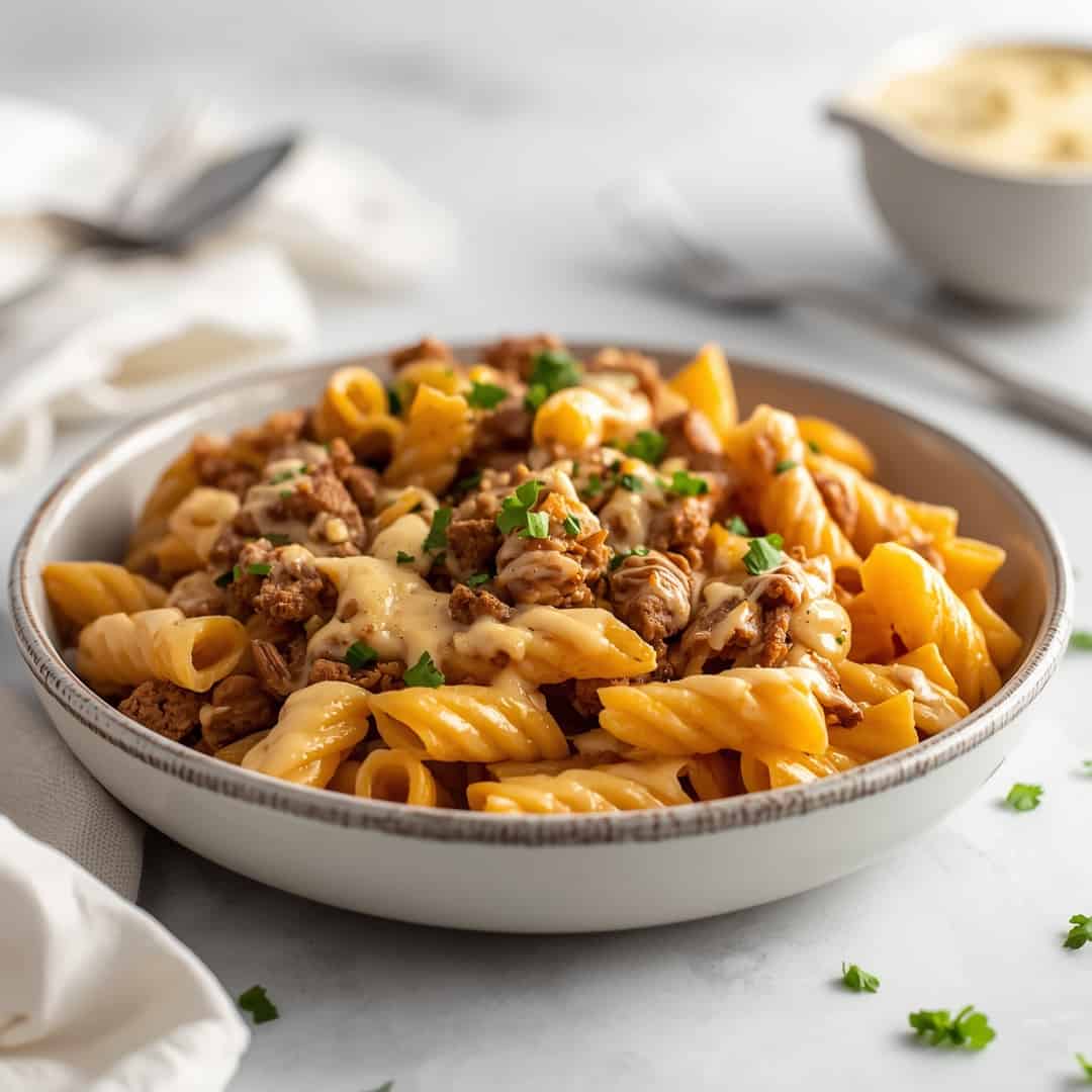 Easy Crockpot Cheesy Ranch Beef Pasta