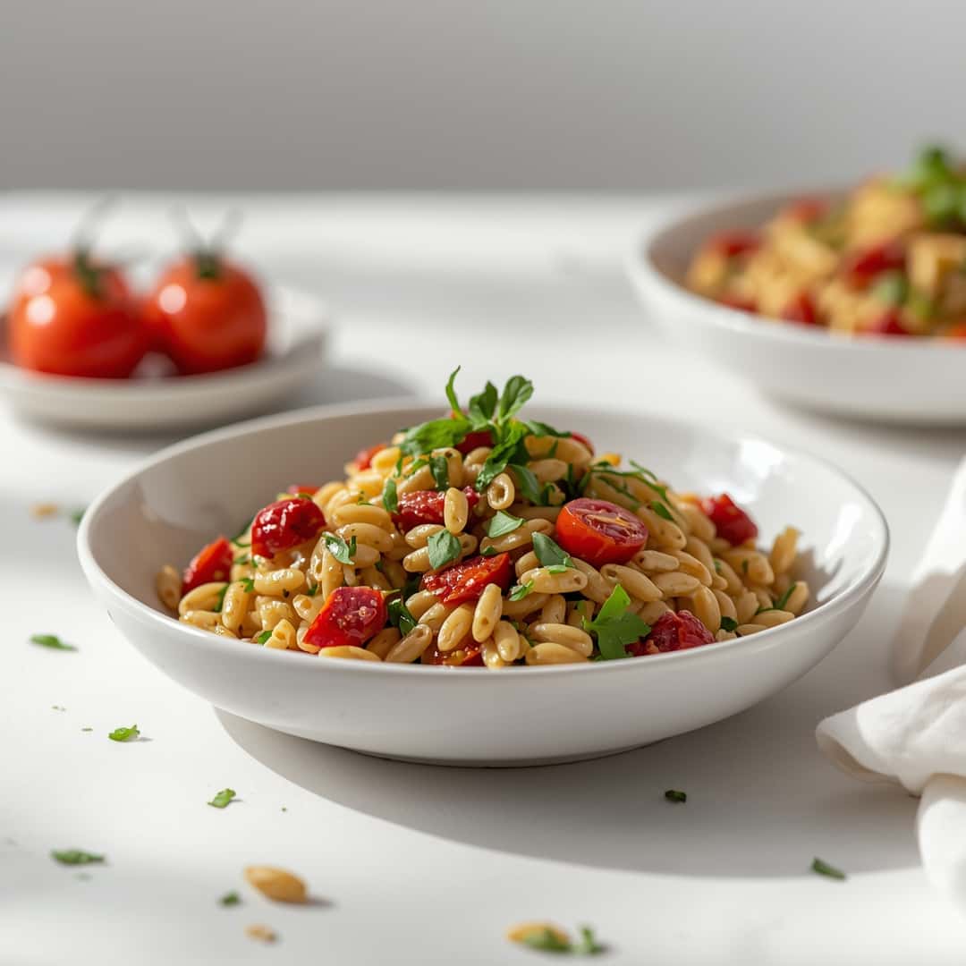Dairy Free Pesto Orzo Salad With Sundried Tomatoes