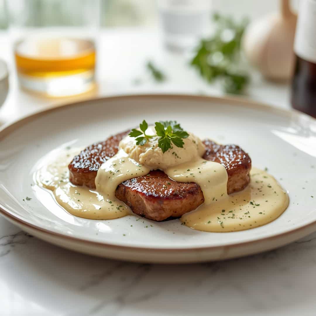 Steak With Bourbon Infused Garlic Cream Sauce Recipe