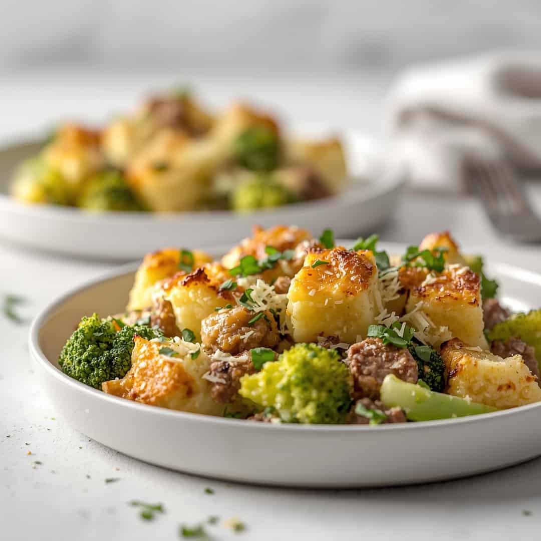 Keto Broccoli Cauliflower Au Gratin With Beef Sausage 2 Keto Broccoli Cauliflower Au Gratin With Beef Sausage