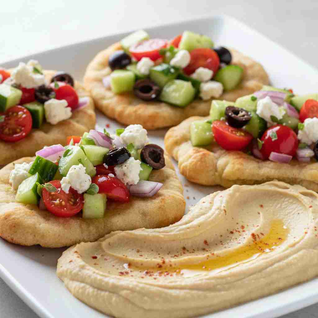 Greek Salad Naan Bites with Hummus