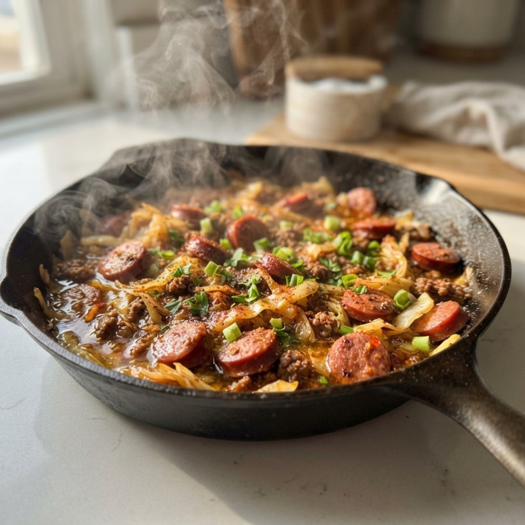 Cajun Dirty Cabbage with Ground Beef and Andouille Sausage 2 Cajun Dirty Cabbage with Ground Beef and Andouille Sausage