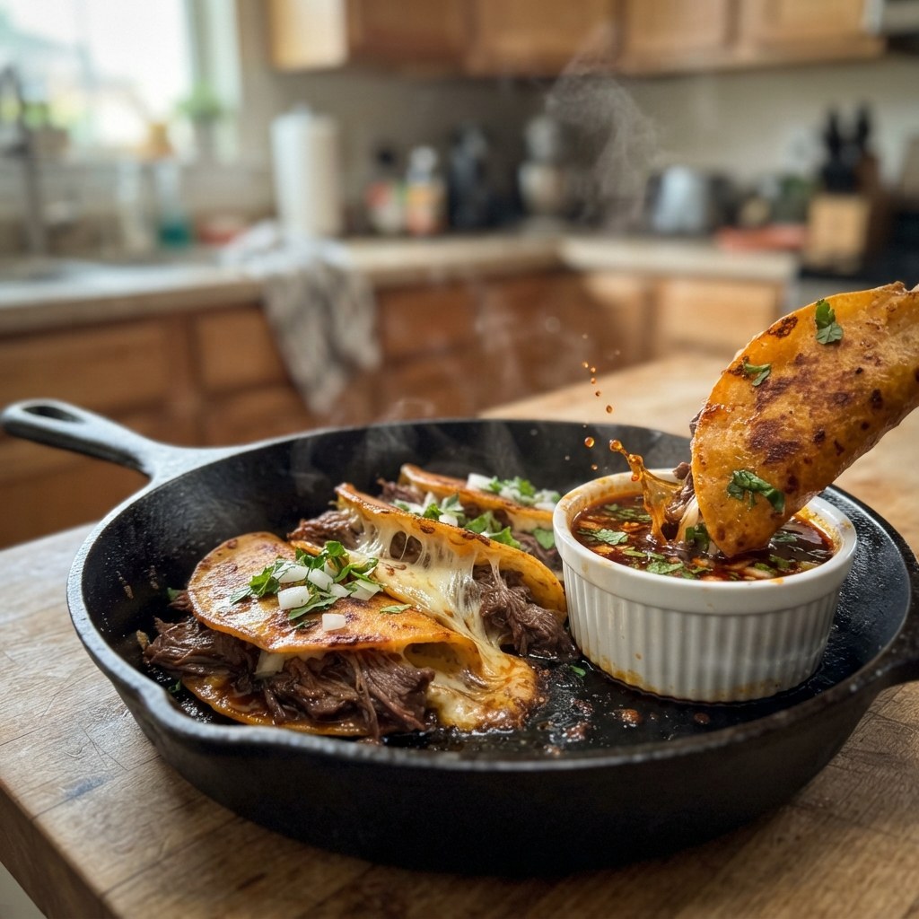 Crispy Beef Birria Tacos with Rich Dipping Consommé